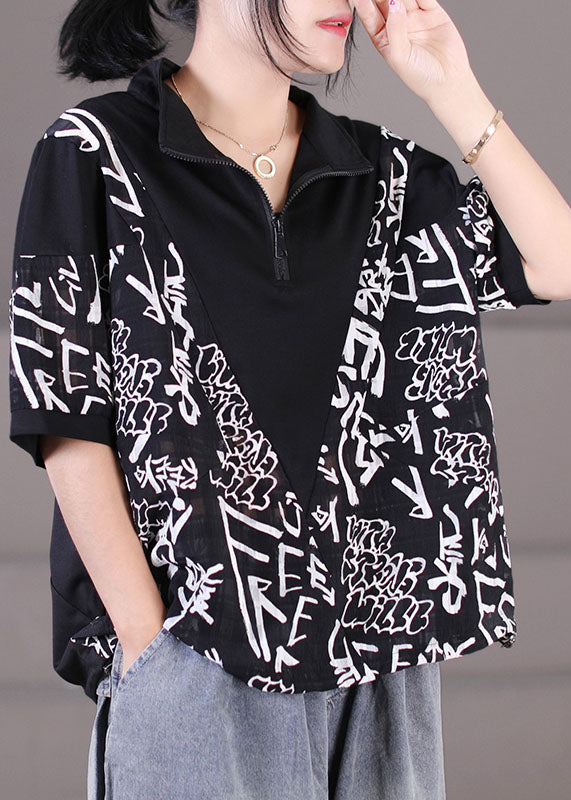 Classy Black Zip Up Drawstring Patchwork Print Cotton Sweatshirt Tops Short Sleeve