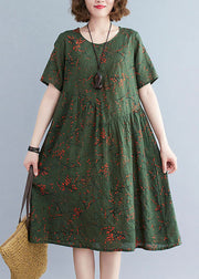 Classy Blackish Green O-Neck Wrinkled Print Cotton Maxi Dresses Short Sleeve