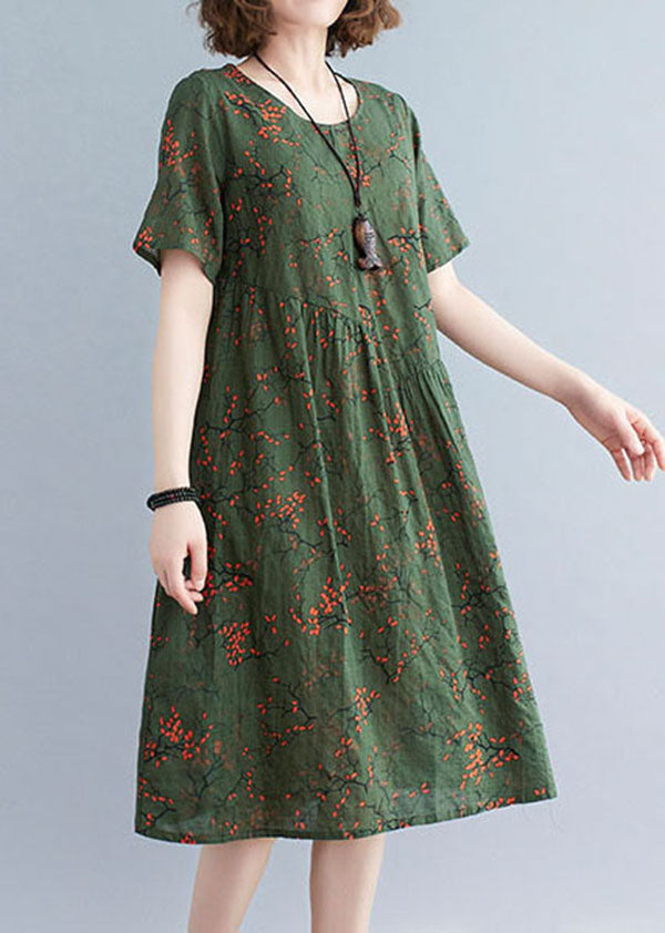 Classy Blackish Green O-Neck Wrinkled Print Cotton Maxi Dresses Short Sleeve