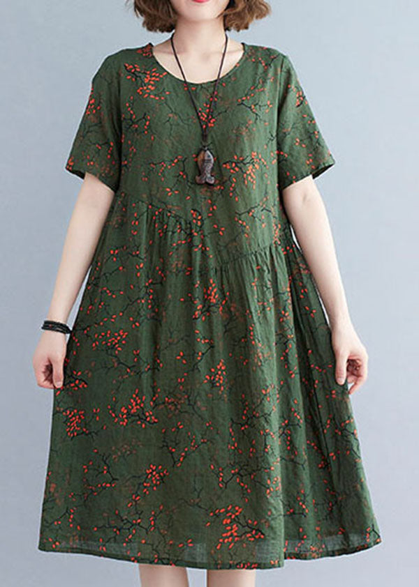 Classy Blackish Green O-Neck Wrinkled Print Cotton Maxi Dresses Short Sleeve