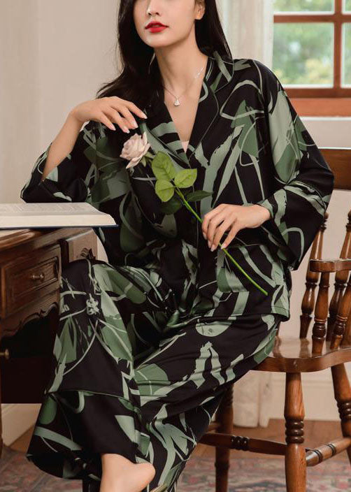 Classy Blackish Green Peter Pan Collar Print Ice Silk Pajamas Women Sets 2 Pieces Spring