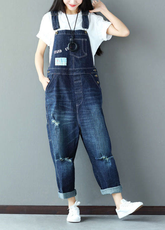 Classy Blue Applique Cotton Denim Jumpsuit Ripped Jeans Spring