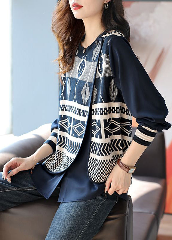 Classy Blue Asymmetrical Print Knit Patchwork Shirts Long Sleeve