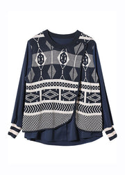 Classy Blue Asymmetrical Print Knit Patchwork Shirts Long Sleeve