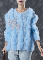 Classy Blue Bow Patchwork Mink Hair Knit Sweaters Winter