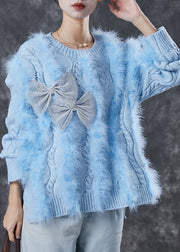 Classy Blue Bow Patchwork Mink Hair Knit Sweaters Winter