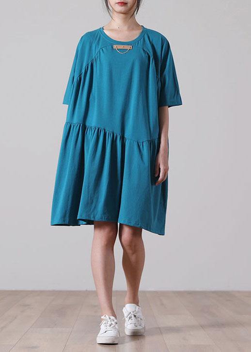 Classy Blue Cinched  Long Summer Cotton Dress - bagstylebliss