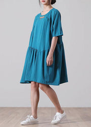 Classy Blue Cinched  Long Summer Cotton Dress - bagstylebliss