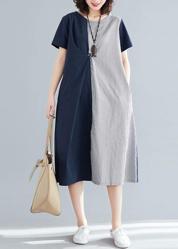 Classy Blue Cotton Patchwork Summer Dress - bagstylebliss