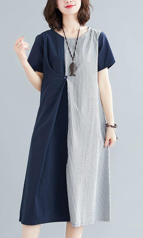 Classy Blue Cotton Patchwork Summer Dress - bagstylebliss