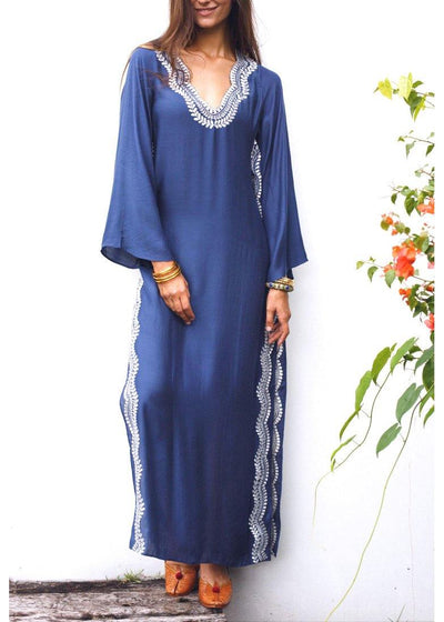 Classy Blue Embroideried Oriental Beach Gown Mid Summer Cotton Dress - bagstylebliss