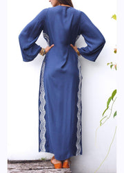 Classy Blue Embroideried Oriental Beach Gown Mid Summer Cotton Dress - bagstylebliss