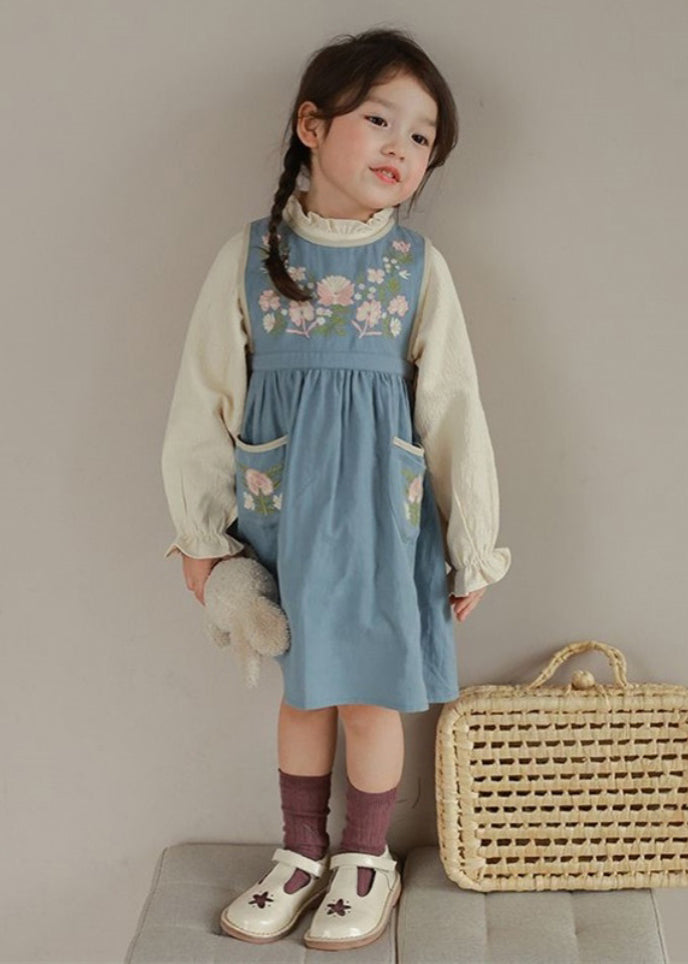 Classy Blue Embroidered Pockets Patchwork Cotton Girls Two Pieces Set Fall