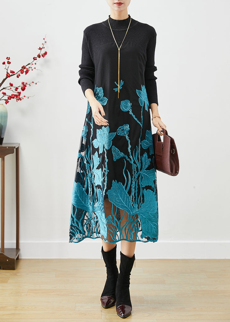 Classy Blue Lotus Embroidered Patchwork Knit Holiday Dress Fall