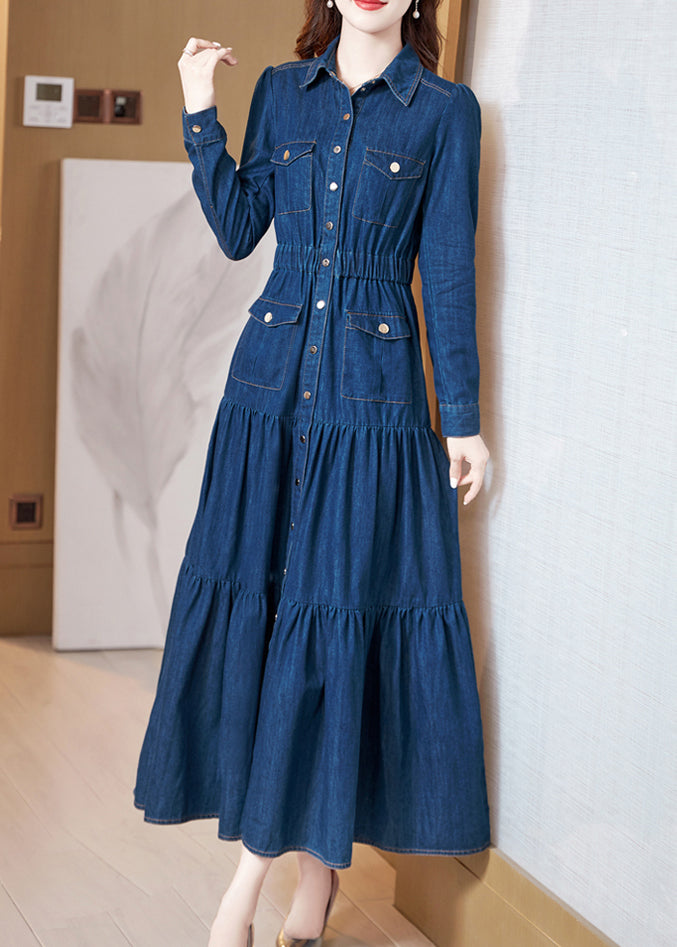 Classy Blue Peter Pan Collar Wrinkled Patchwork Denim Dress Long Sleeve