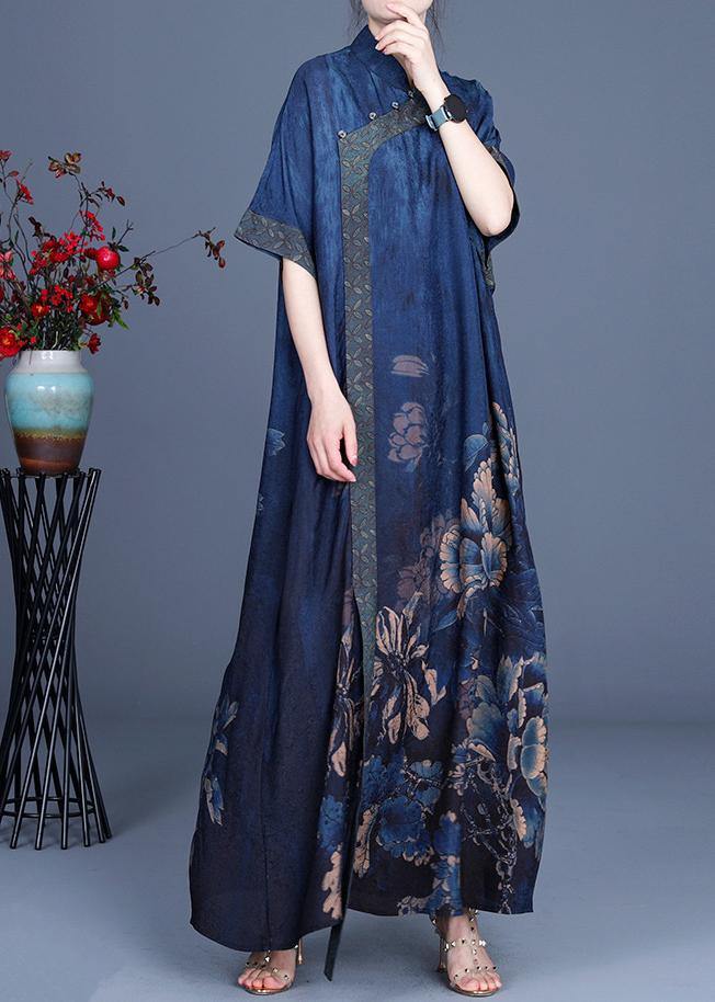 Classy Blue Print Patchwork Oriental Long Dress Summer - bagstylebliss