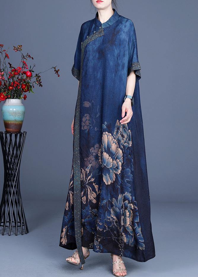 Classy Blue Print Patchwork Oriental Long Dress Summer - bagstylebliss