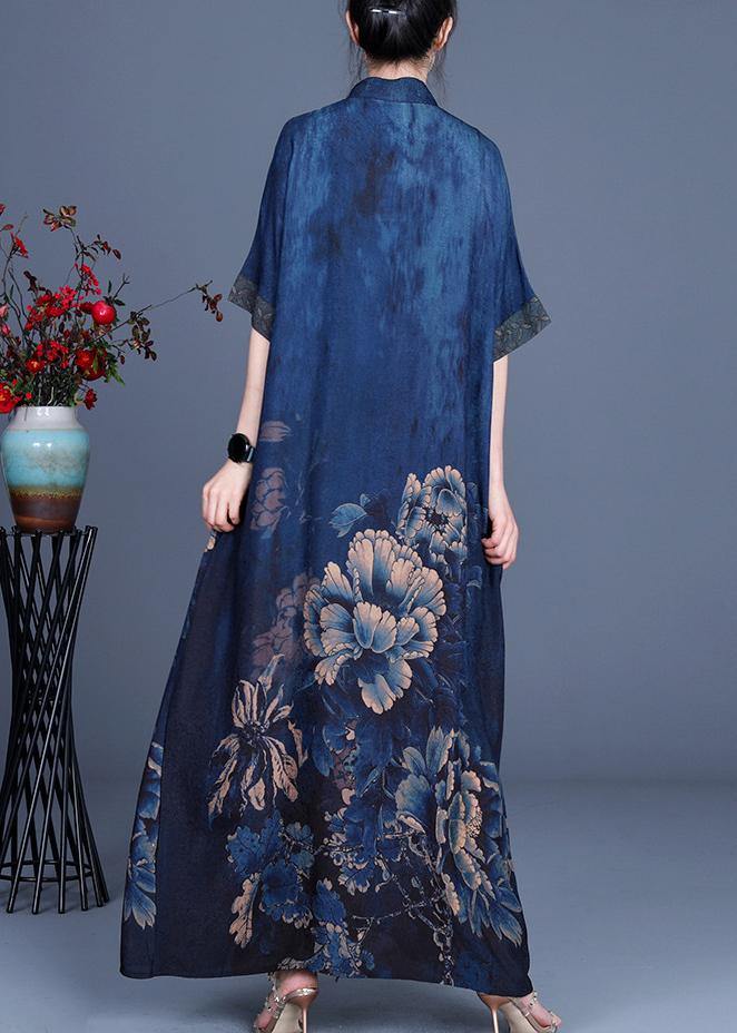 Classy Blue Print Patchwork Oriental Long Dress Summer - bagstylebliss