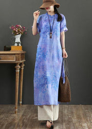 Classy Blue Purple Print Button Ankle Summer Linen Dress - bagstylebliss