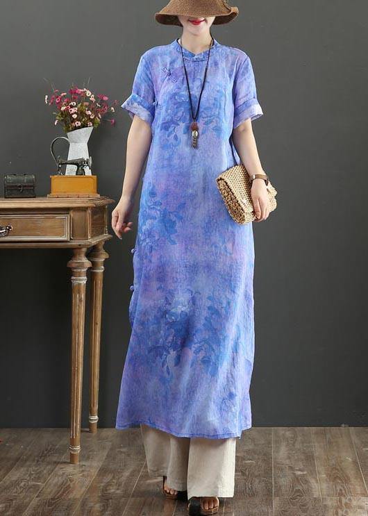 Classy Blue Purple Print Button Ankle Summer Linen Dress - bagstylebliss