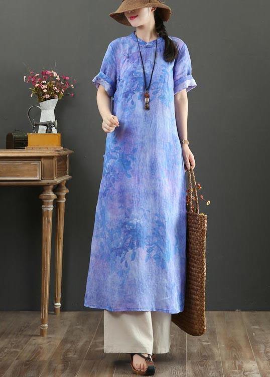 Classy Blue Purple Print Button Ankle Summer Linen Dress - bagstylebliss