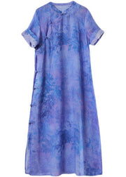 Classy Blue Purple Print Button Ankle Summer Linen Dress - bagstylebliss