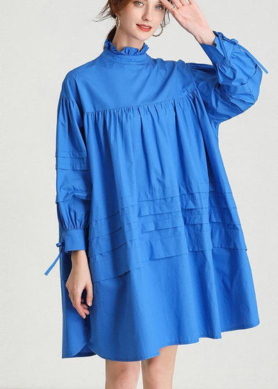 Classy Blue Ruffled Cotton Spring Mid Dress - bagstylebliss