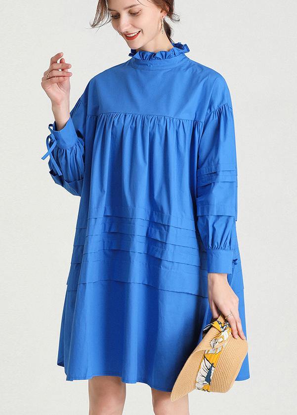 Classy Blue Ruffled Cotton Spring Mid Dress - bagstylebliss