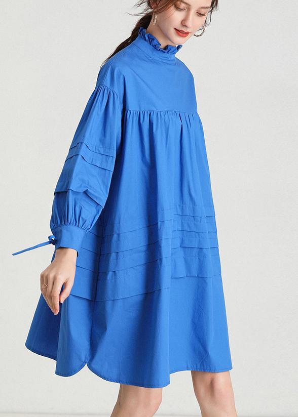 Classy Blue Ruffled Cotton Spring Mid Dress - bagstylebliss