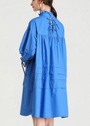 Classy Blue Ruffled Cotton Spring Mid Dress - bagstylebliss