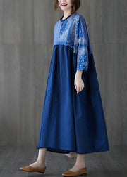 Classy Blue Ruffled Print Cotton Long Dress Spring