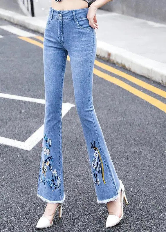 Klassische, blaue, schmal geschnittene, hoch taillierte, bestickte Baumwoll-Denim-Flare-Hose für den Sommer