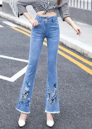 Klassische, blaue, schmal geschnittene, hoch taillierte, bestickte Baumwoll-Denim-Flare-Hose für den Sommer