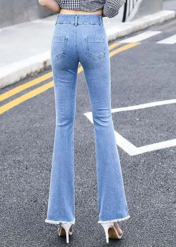 Klassische, blaue, schmal geschnittene, hoch taillierte, bestickte Baumwoll-Denim-Flare-Hose für den Sommer