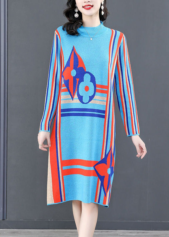 Classy Blue Turtleneck Striped Patchwork Cotton Knit Mid Dress Winter