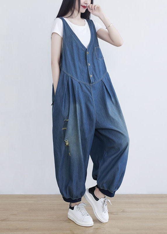 Classy Blue V Neck Oversized Ripped Cotton Denim Jumpsuit Spring