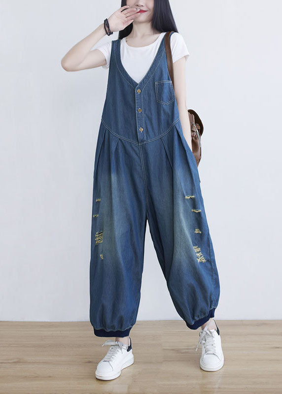 Classy Blue V Neck Oversized Ripped Cotton Denim Jumpsuit Spring