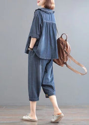 Classy Blue Wrinkled Embroidered Tops And Pants Denim Two Pieces Set Summer