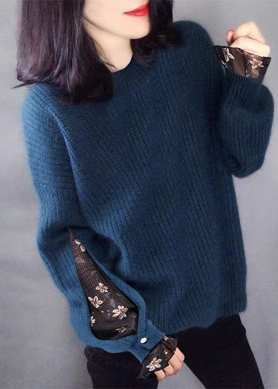 Eleganter blauer Mode-Tüll-Strickpullover für den Winter