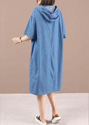Classy Blue hooded Button Denim Dress Summer - bagstylebliss