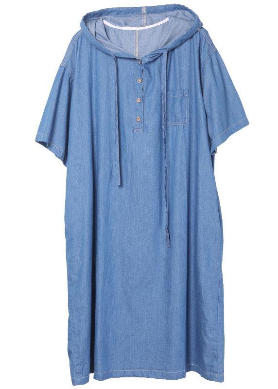Classy Blue hooded Button Denim Dress Summer - bagstylebliss