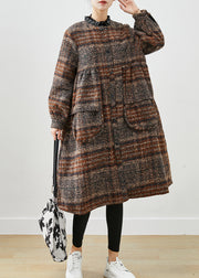 Classy Brown O-Neck Oversized Thick Woolen Coats Fall