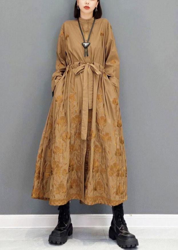 Classy Brown Pockets Tie Waist Embroideried Fall Long Sleeve Long Dress - bagstylebliss