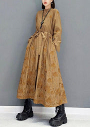 Classy Brown Pockets Tie Waist Embroideried Fall Long Sleeve Long Dress - bagstylebliss