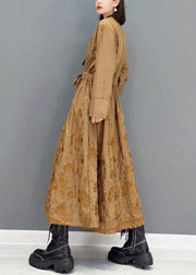 Classy Brown Pockets Tie Waist Embroideried Fall Long Sleeve Long Dress - bagstylebliss