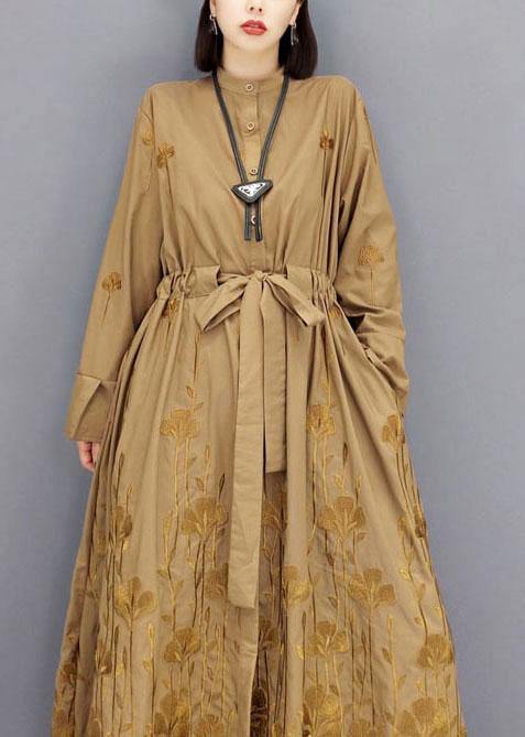 Classy Brown Pockets Tie Waist Embroideried Fall Long Sleeve Long Dress - bagstylebliss