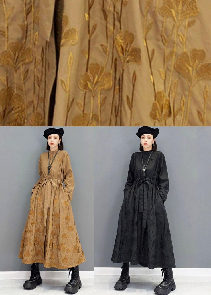 Classy Brown Pockets Tie Waist Embroideried Fall Long Sleeve Long Dress - bagstylebliss