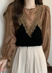 Classy Camel Ruffled Lace Patchwork Cotton Tops Fall