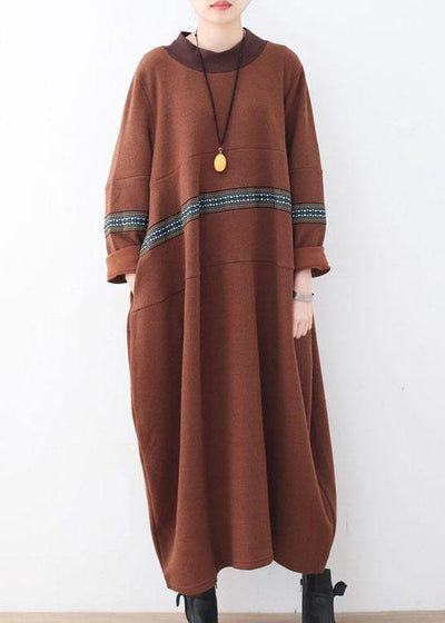 Classy Chocolate O-Neck Long Sleeve Loose Fall Cotton Dress - bagstylebliss