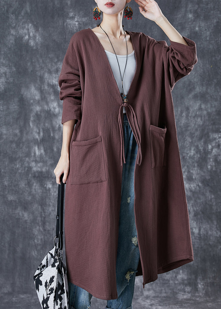 Classy Chocolate Oversized Chinese Button Linen Long Cardigan Spring